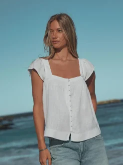 Next Flutter Sleeve Button Front Top With Linen White Outlet