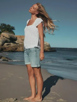 Next Flutter Sleeve Button Front Top With Linen White Outlet
