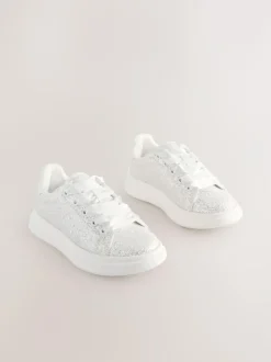 Next Lace Up Trainers White Glitter New