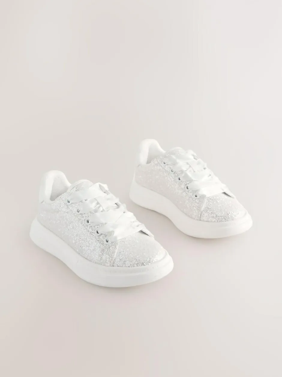 Next Lace Up Trainers White Glitter New
