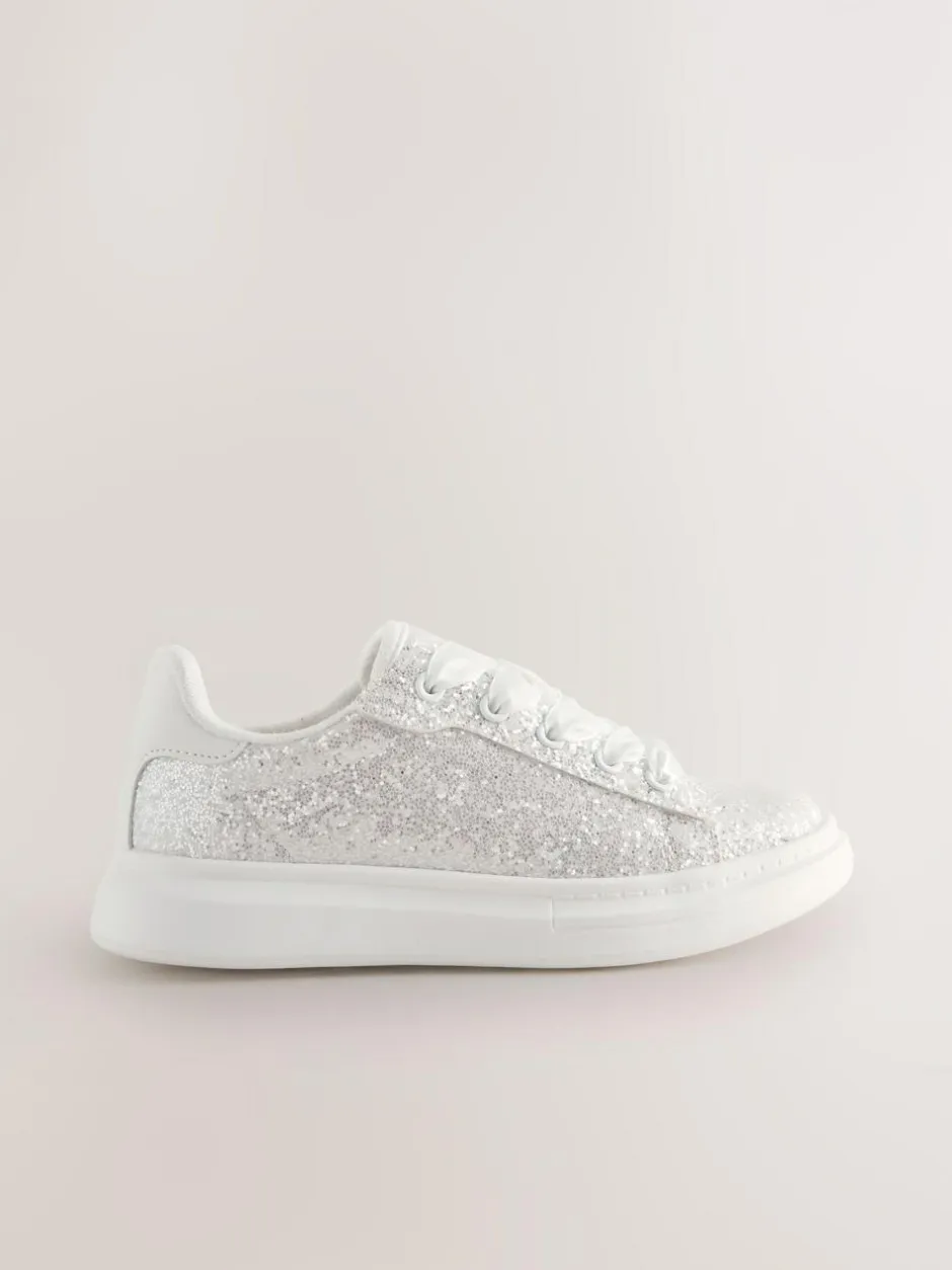 Next Lace Up Trainers White Glitter New