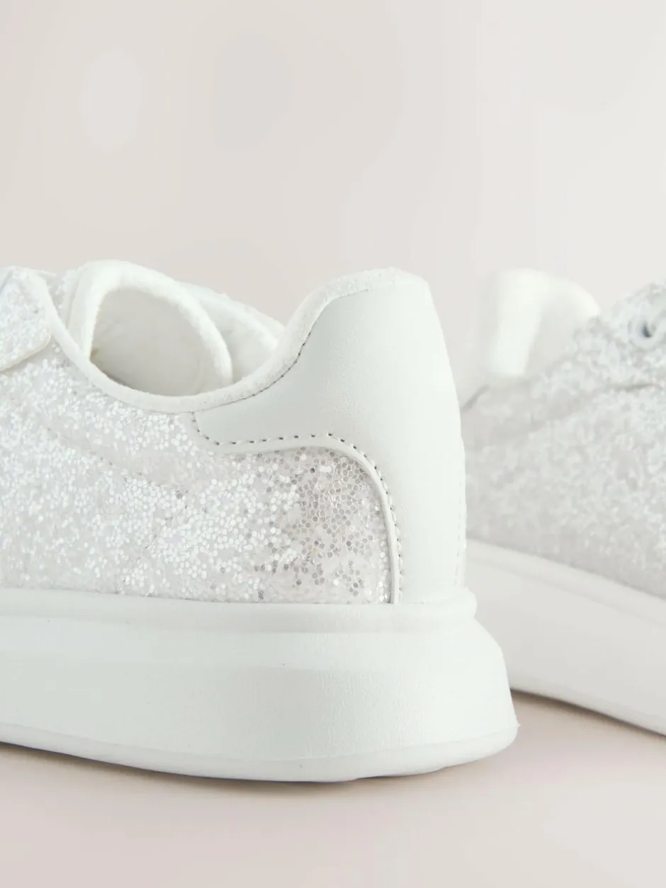 Next Lace Up Trainers White Glitter New
