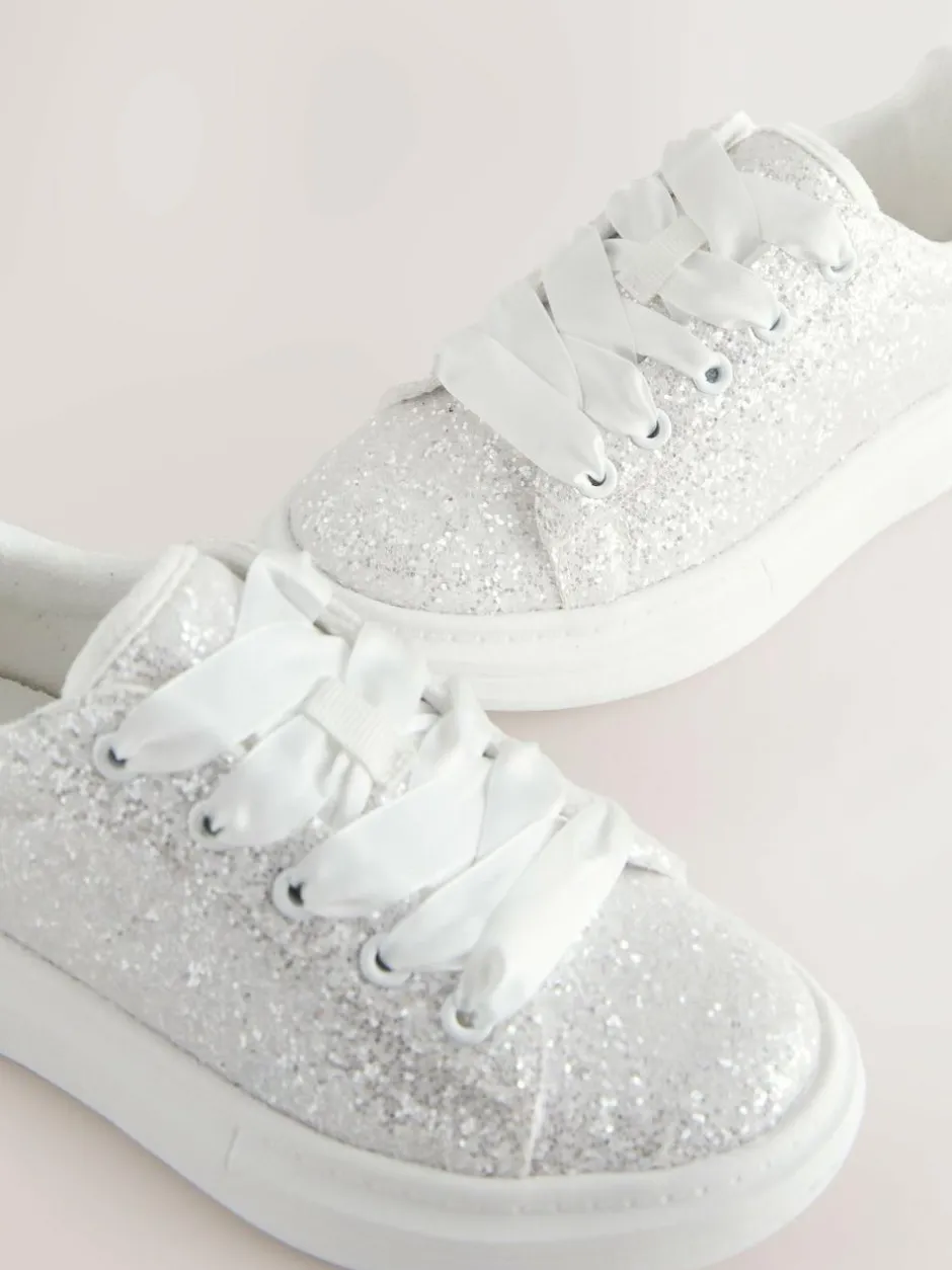 Next Lace Up Trainers White Glitter New