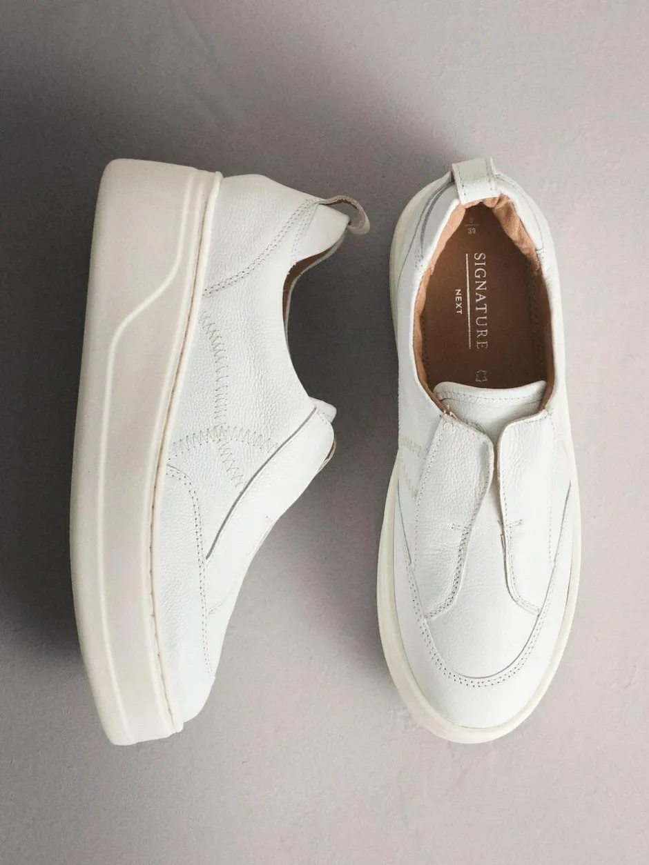 Next Signature Leather Chunky Wedge Platform Trainers White Hot