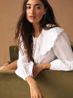 Next White Statement Collar Broderie Long Sleeve Blouse New