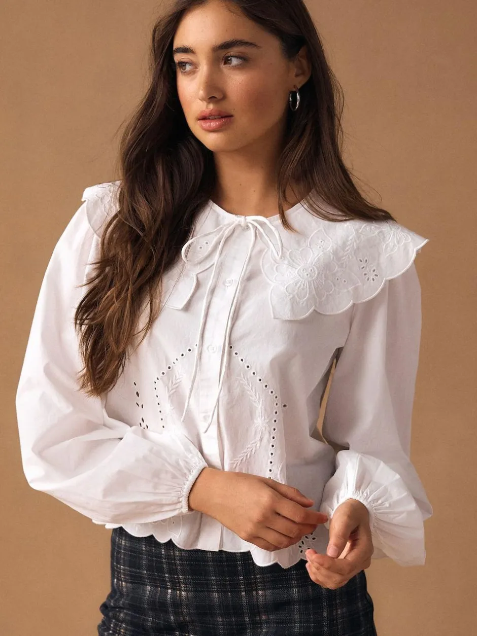 Next White Statement Collar Broderie Long Sleeve Blouse New
