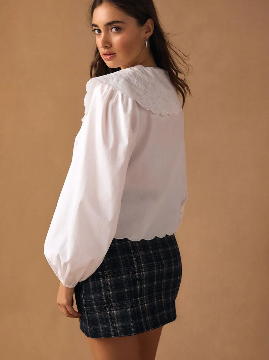 Next White Statement Collar Broderie Long Sleeve Blouse New