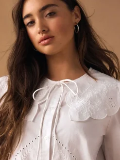 Next White Statement Collar Broderie Long Sleeve Blouse New