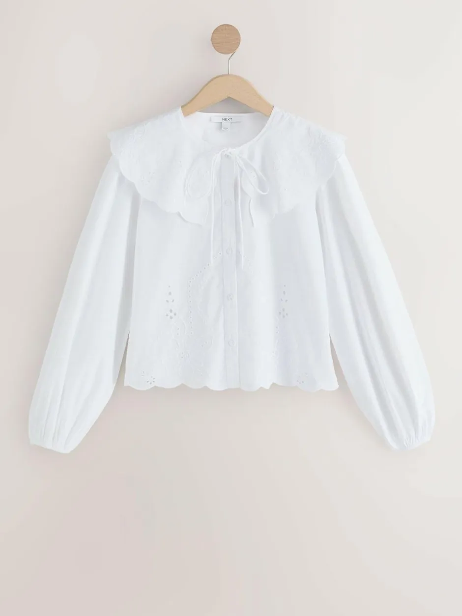 Next White Statement Collar Broderie Long Sleeve Blouse New