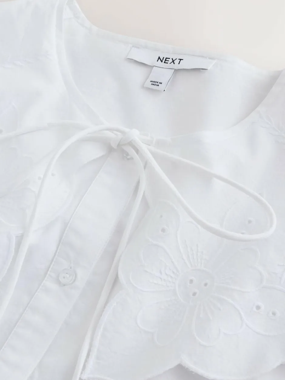 Next White Statement Collar Broderie Long Sleeve Blouse New