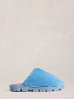 White Stuff Faux Fur Mule Slippers Blue Clearance