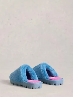 White Stuff Faux Fur Mule Slippers Blue Clearance