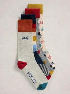 White Stuff Grey Bike Pattern Ankle Socks 4 Pack New