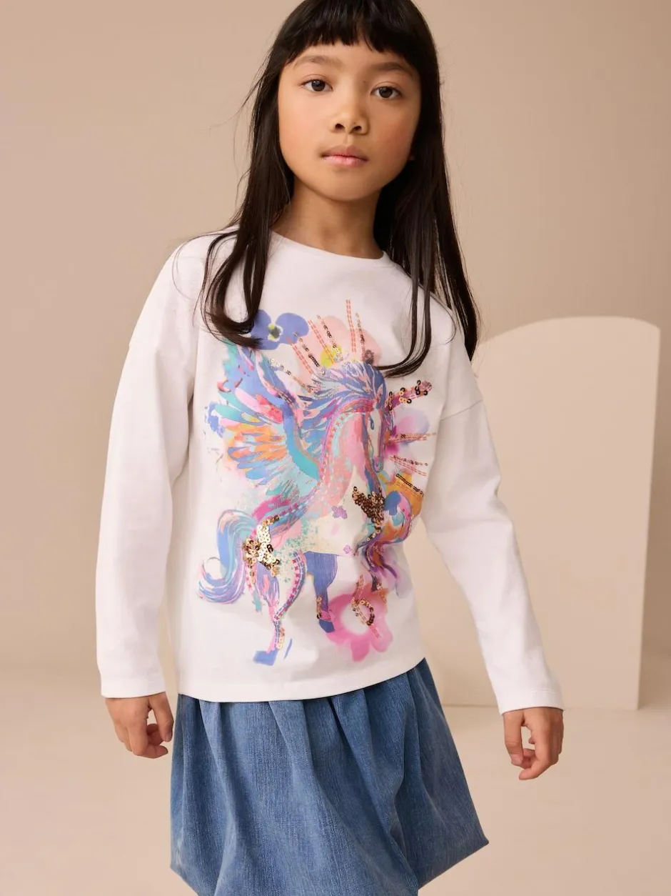 Next White Unicorn Print Long Sleeve Sequin Top (3-16yrs) Best