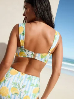 Next White/Blue Pique Stripe Lemon Print Wired Bandeau Bikini Top Clearance