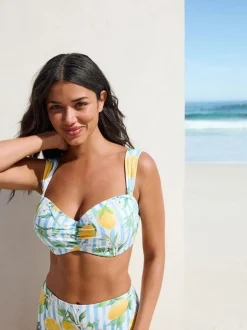 Next White/Blue Pique Stripe Lemon Print Wired Bandeau Bikini Top Clearance