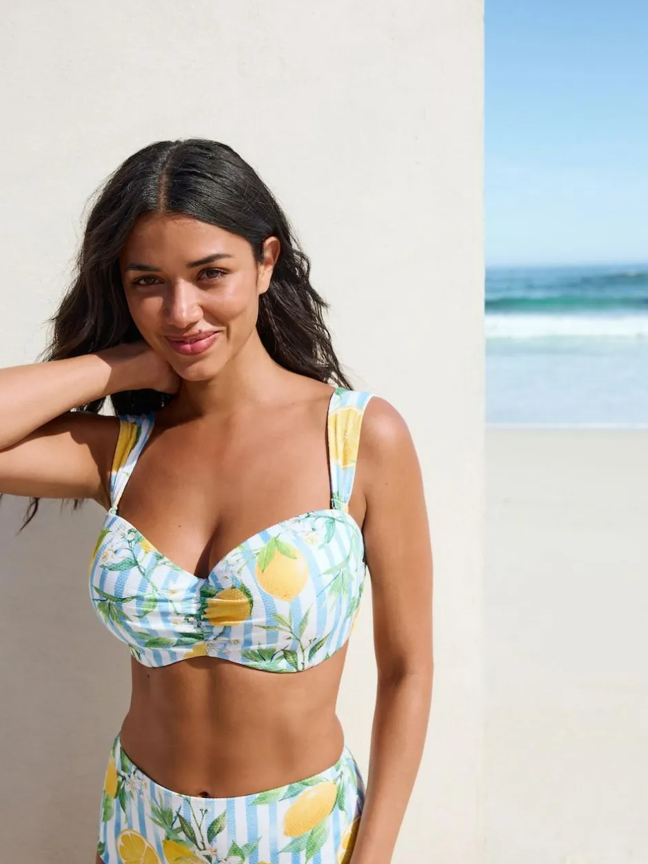 Next White/Blue Pique Stripe Lemon Print Wired Bandeau Bikini Top Clearance