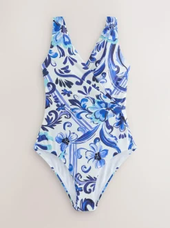 Next Wrap Tummy Control Swimsuit White/Blue Porcelain Sale