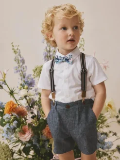 Next Shirt Shorts Braces & Bow Tie Set (3mths-9yrs) White/Blue Clearance