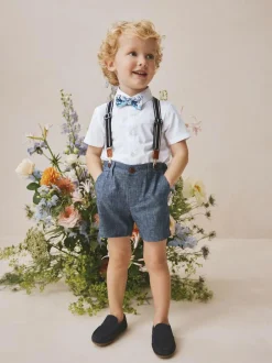 Next Shirt Shorts Braces & Bow Tie Set (3mths-9yrs) White/Blue Clearance