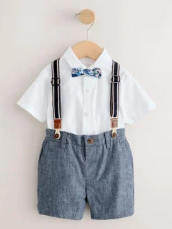 Next Shirt Shorts Braces & Bow Tie Set (3mths-9yrs) White/Blue Clearance