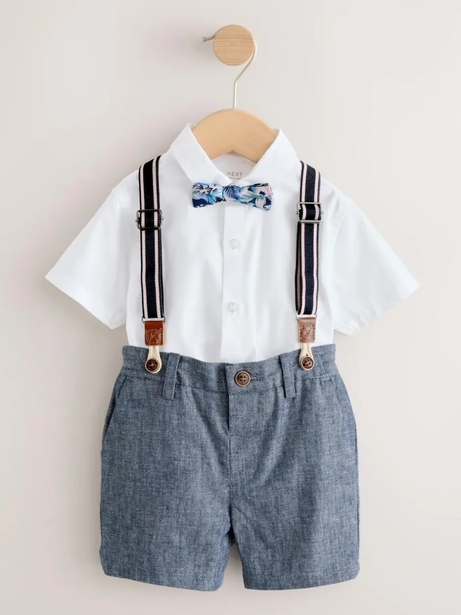Next Shirt Shorts Braces & Bow Tie Set (3mths-9yrs) White/Blue Clearance