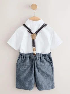 Next Shirt Shorts Braces & Bow Tie Set (3mths-9yrs) White/Blue Clearance