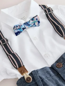 Next Shirt Shorts Braces & Bow Tie Set (3mths-9yrs) White/Blue Clearance