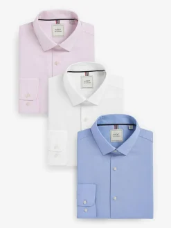 Next Slim Fit Easy Care Textured Single Cuff Smart Shirts 3 Pack White/Blue New