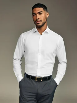 Next Slim Fit Easy Care Textured Single Cuff Smart Shirts 3 Pack White/Blue New