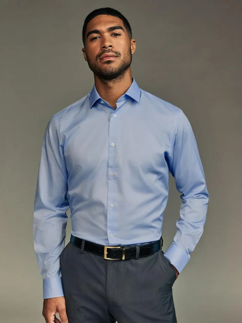 Next Slim Fit Easy Care Textured Single Cuff Smart Shirts 3 Pack White/Blue New