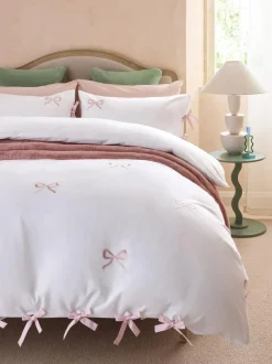 Next Bow Embroidered Duvet Cover and Pillowcase Set White/Pink Hot