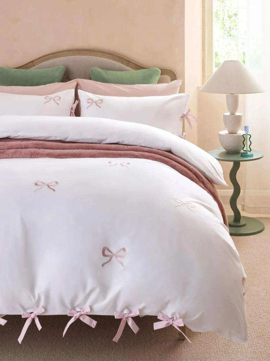Next Bow Embroidered Duvet Cover and Pillowcase Set White/Pink Hot