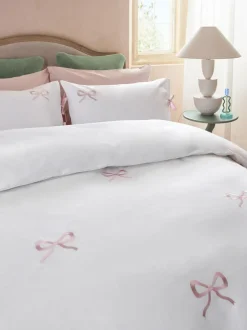 Next Bow Embroidered Duvet Cover and Pillowcase Set White/Pink Hot