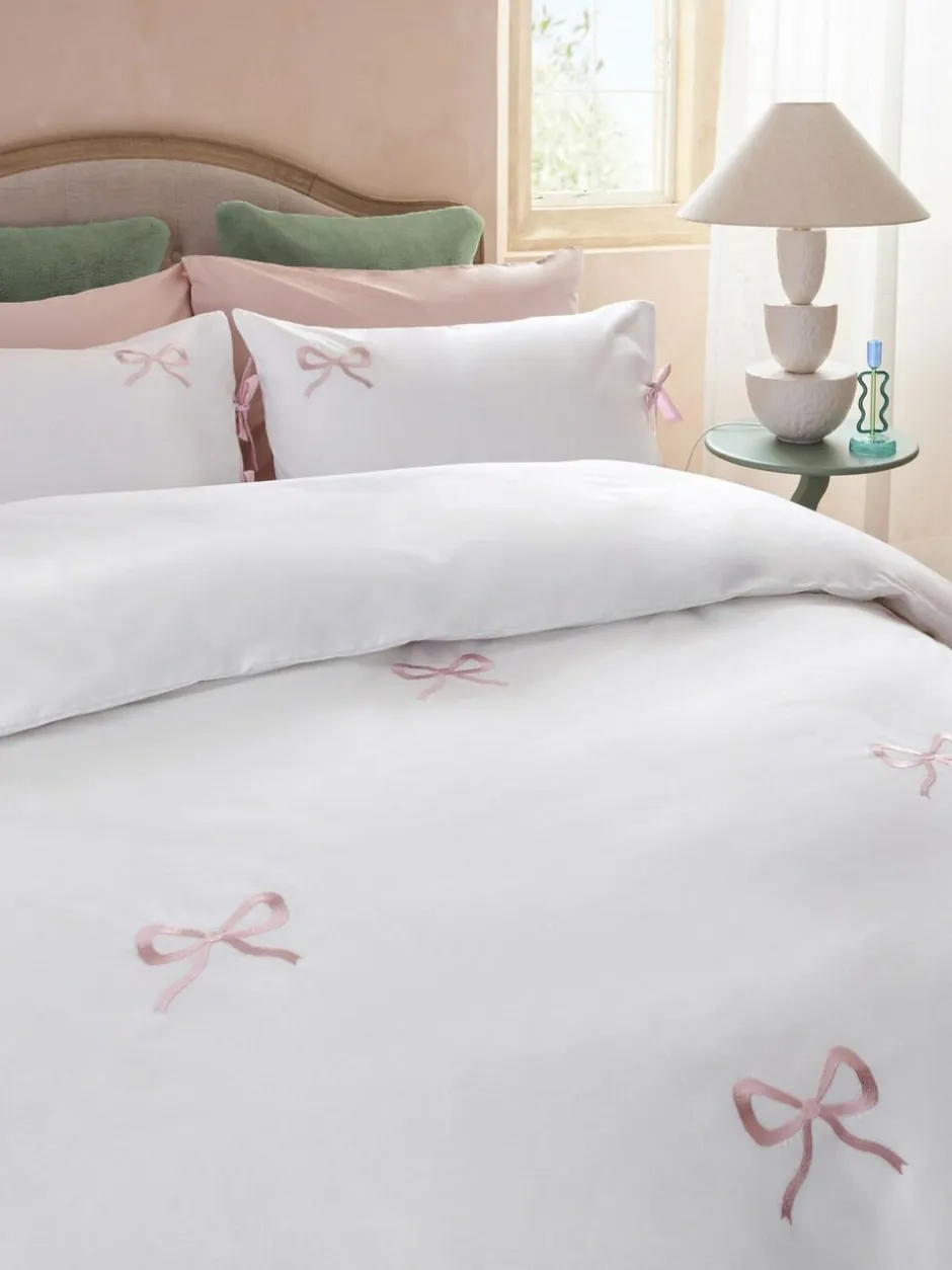 Next Bow Embroidered Duvet Cover and Pillowcase Set White/Pink Hot