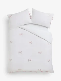 Next Bow Embroidered Duvet Cover and Pillowcase Set White/Pink Hot