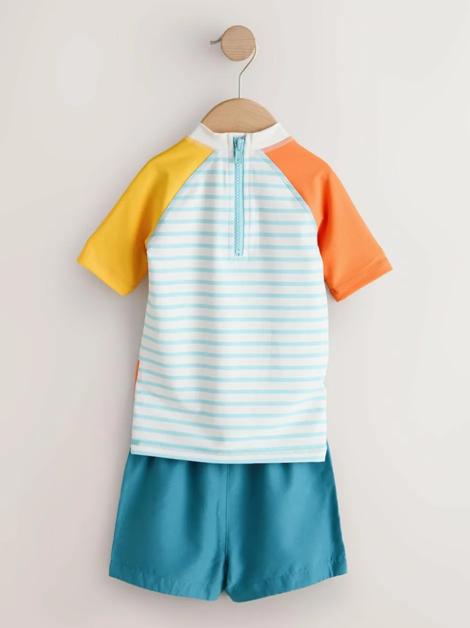 Next Short Sleeve Sunsafe Rash Vest and Swim Shorts Set (3mths-7yrs) White/Red/Yellow Outlet