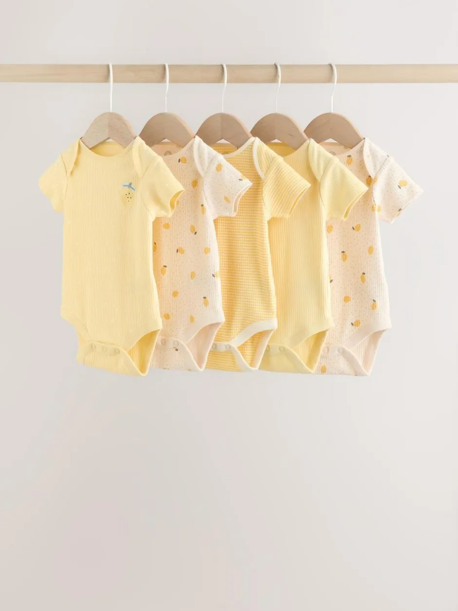 Next Yellow Lemons 5 Pack Short Sleeve Baby Bodysuits New