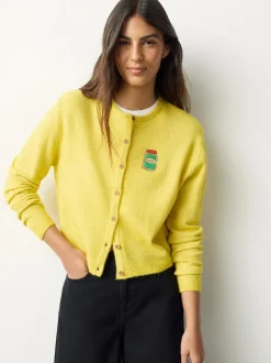 Next Yellow Pickles Embroidery Crew Neck Knitted Cardigan With Wool Sale