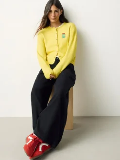 Next Yellow Pickles Embroidery Crew Neck Knitted Cardigan With Wool Sale