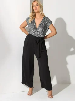 Yours Curve London 2-in-1 Sequin Jumpsuit Black Hot