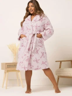 Yours Curve Pink Fluffy Bows Shawl Collar Robe