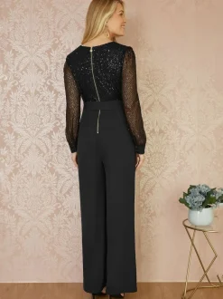 Yumi Black Sequin Jumpsuit With Long Sleeves Outlet