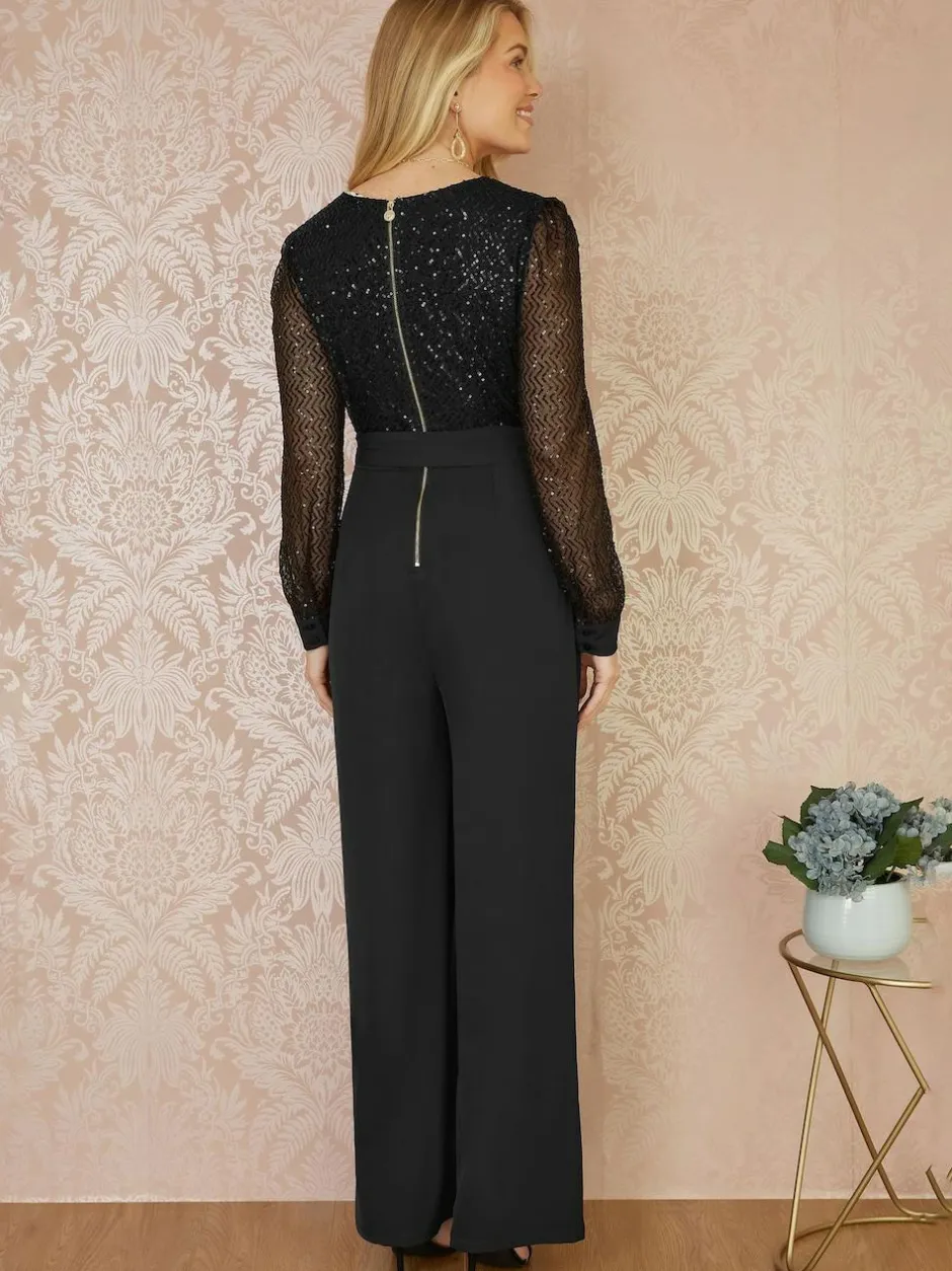 Yumi Black Sequin Jumpsuit With Long Sleeves Outlet