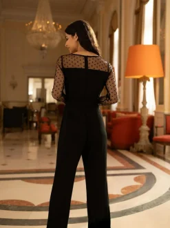 Yumi Black Spot Mesh Stretch Jumpsuit Clearance