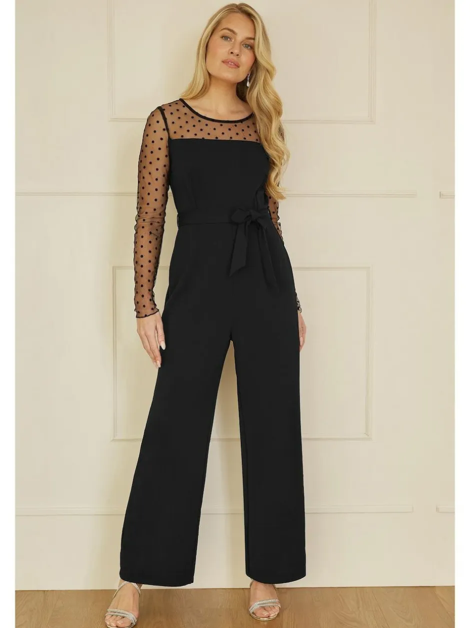 Yumi Black Spot Mesh Stretch Jumpsuit Clearance