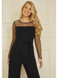 Yumi Black Spot Mesh Stretch Jumpsuit Clearance