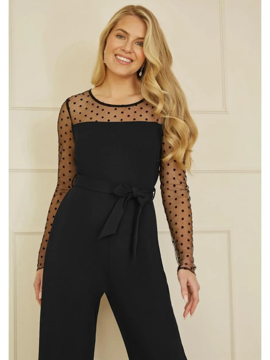 Yumi Black Spot Mesh Stretch Jumpsuit Clearance