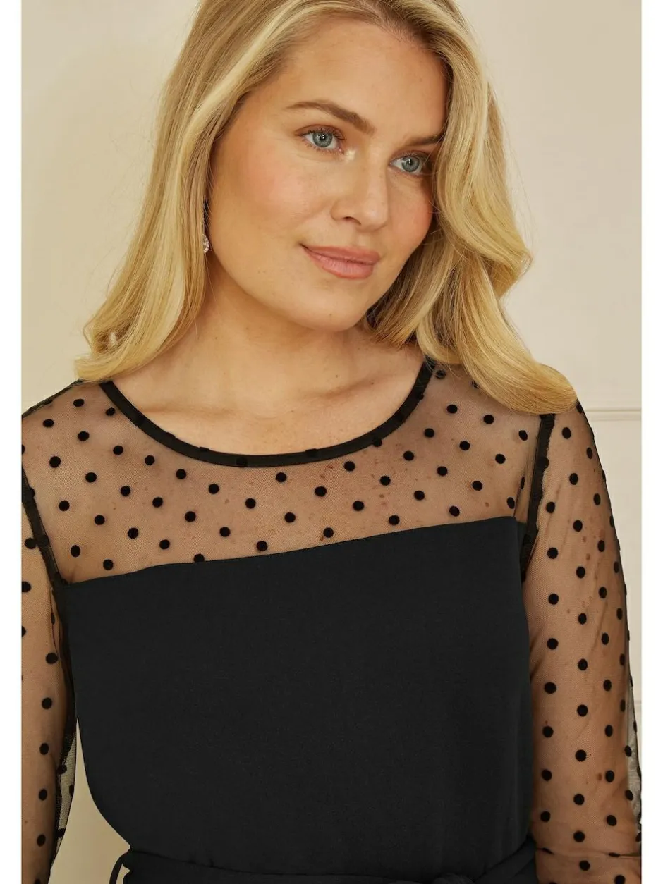 Yumi Black Spot Mesh Stretch Jumpsuit Clearance