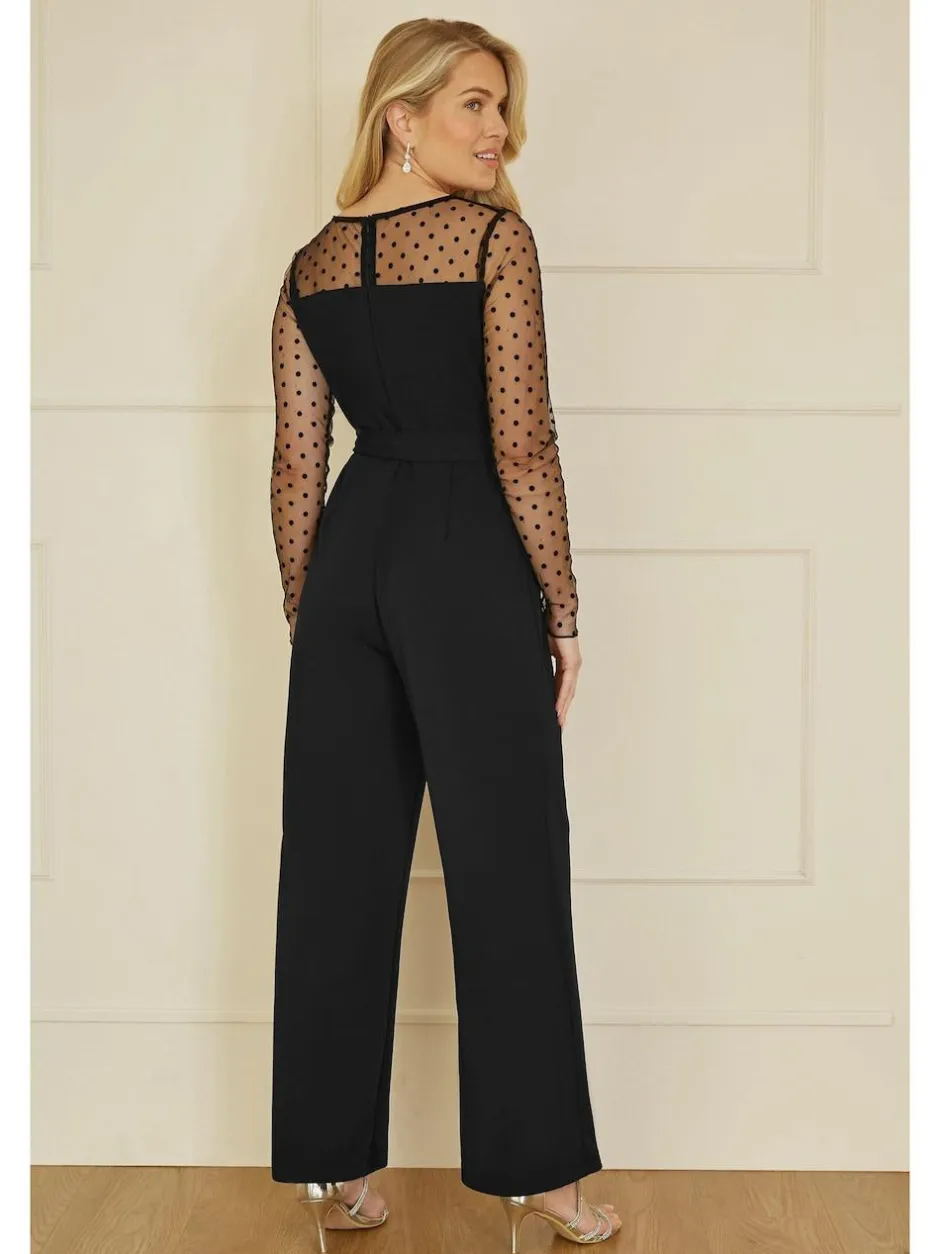 Yumi Black Spot Mesh Stretch Jumpsuit Clearance